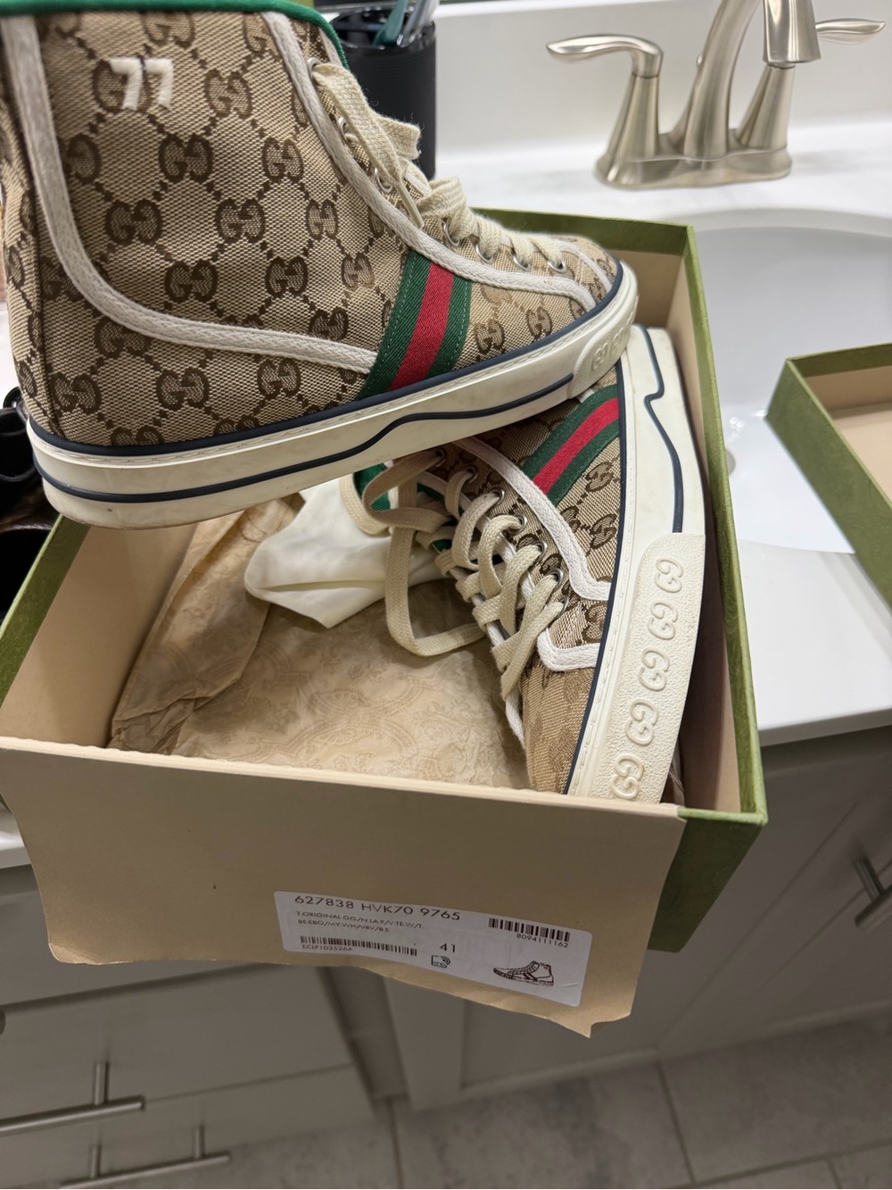 Gucci Beige GG Supreme High-Top Sneakers with Green & Red Web